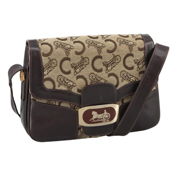CELINE C Sulky Shoulder Bag Canvas Leather Beige Brown Gold - Picture 1 of 16